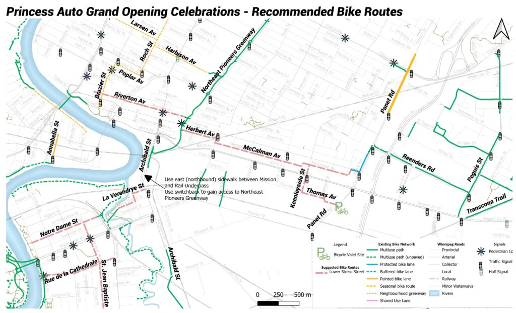 Recommended bike routes to Princess Auto Grand Opening Celebrations bicycle valet.