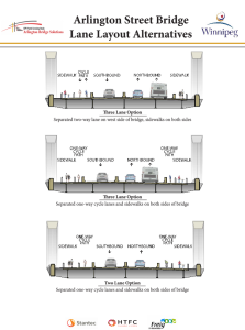 3 potential cross sections for the Arlington Bridge including protected bike lanes.