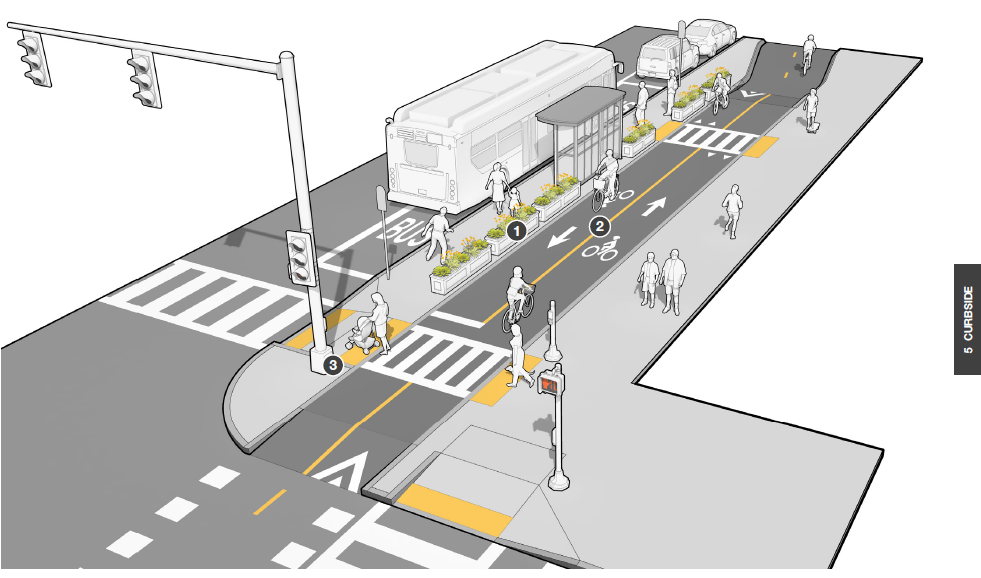 Conflitst between people using transit and those riding their bikes can be minimized by better differentiation of the bike and pedestrian zones.