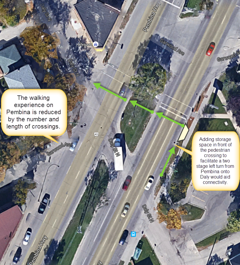 Consolidating access points on Pembina (or at least restricting their width) would increase the comfort level of people walking or biking on Pembina.