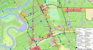 Land use and bikeway connections near the Fermor Avenue-Seine River Bridge Rehabilitation Project with suggested additions from Bike Winnipeg.
